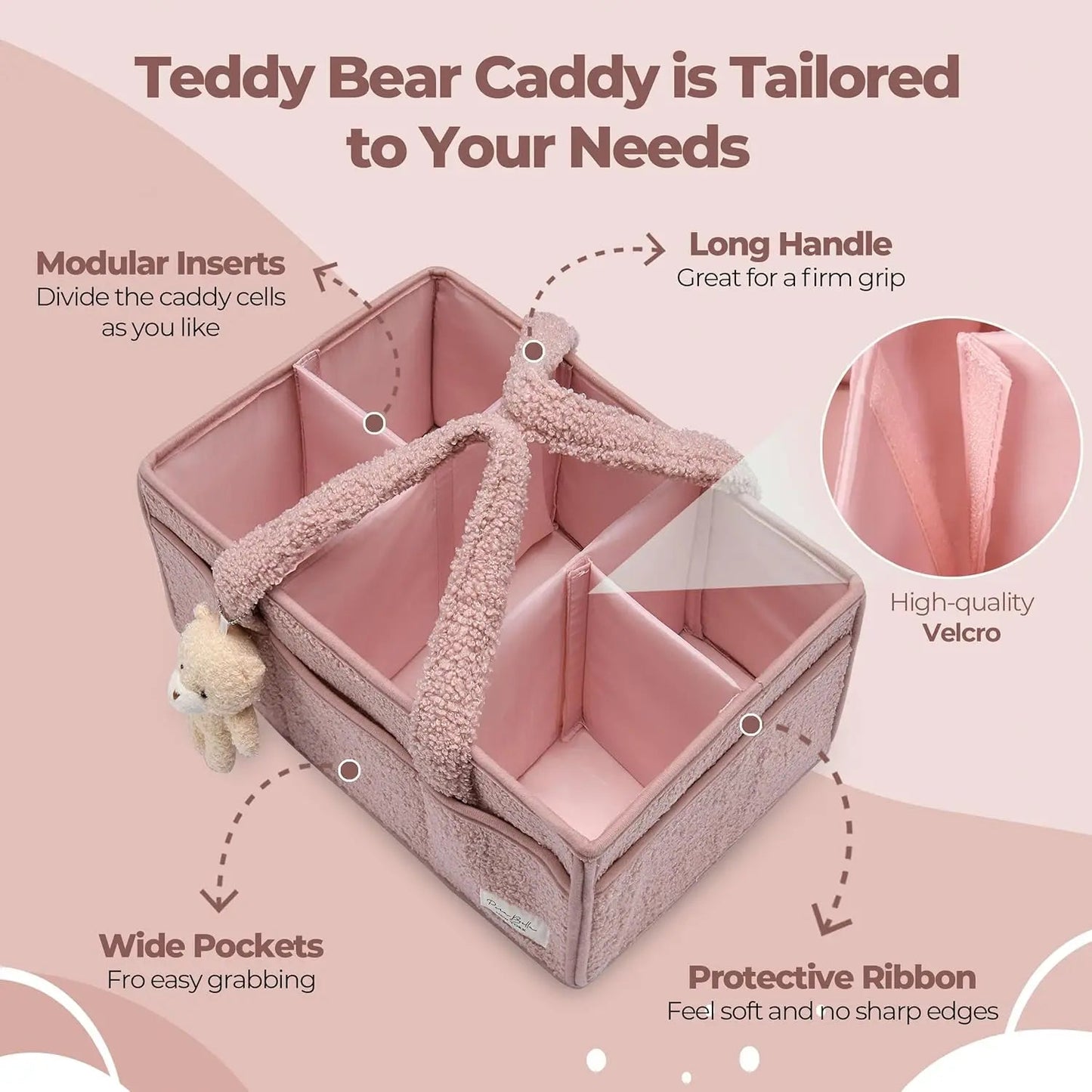Plush Sherpa Baby Diaper Caddy Organizer with Teddy Bear Charm – Nursery Changing Table Storage - Babytopia32