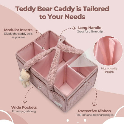 Plush Sherpa Baby Diaper Caddy Organizer with Teddy Bear Charm – Nursery Changing Table Storage - Babytopia32