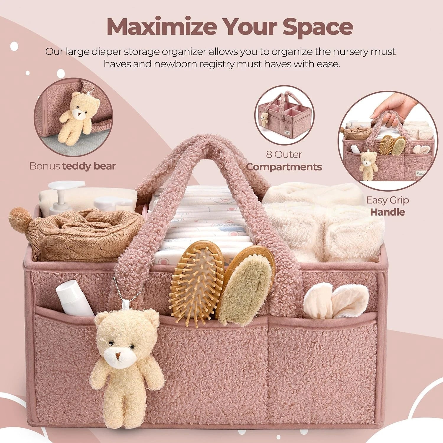 Plush Sherpa Baby Diaper Caddy Organizer with Teddy Bear Charm – Nursery Changing Table Storage - Babytopia32