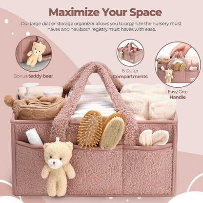 Plush Sherpa Baby Diaper Caddy Organizer with Teddy Bear Charm – Nursery Changing Table Storage - Babytopia32