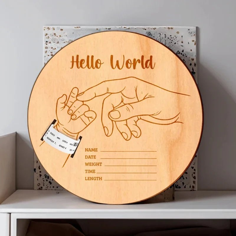 Wooden Newborn Birth Keepsake Plaque – Hello World Sign & Hospital Bracelet Holder for Baby Photos - Babytopia32