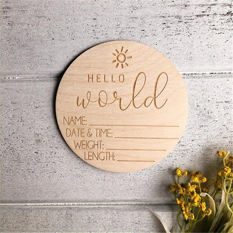 Wooden Newborn Birth Keepsake Plaque – Hello World Sign & Hospital Bracelet Holder for Baby Photos - Babytopia32
