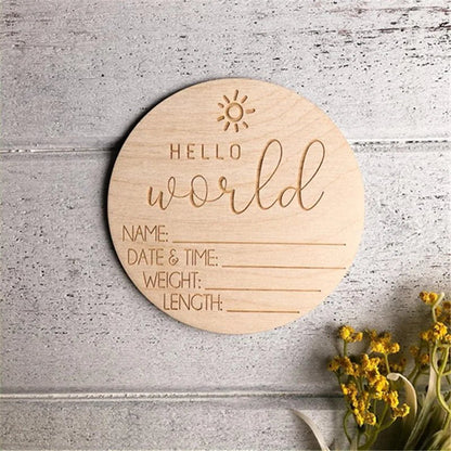 Wooden Newborn Birth Keepsake Plaque – Hello World Sign & Hospital Bracelet Holder for Baby Photos - Babytopia32