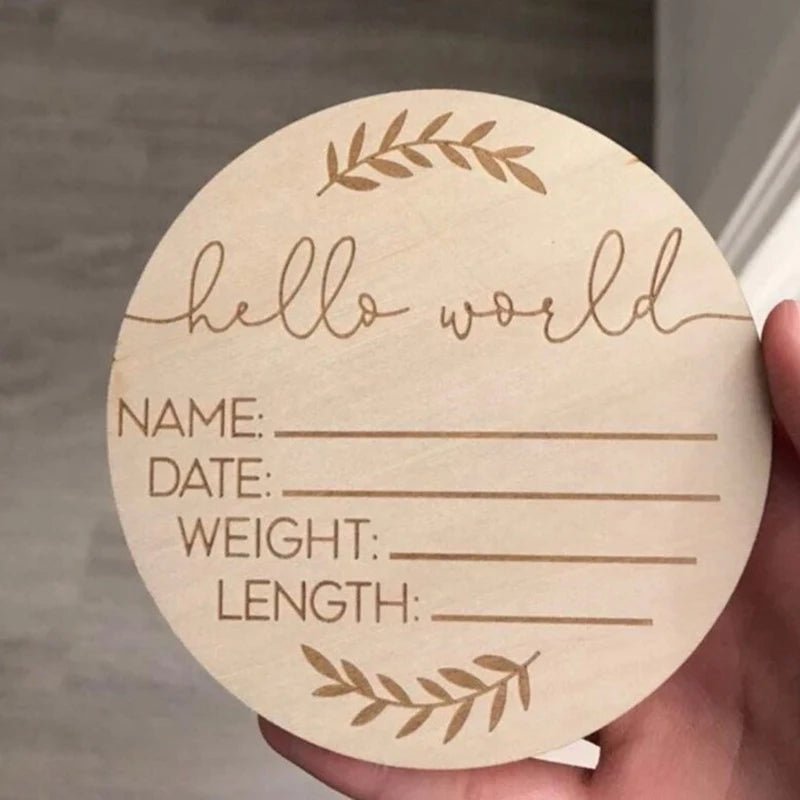 Wooden Newborn Birth Keepsake Plaque – Hello World Sign & Hospital Bracelet Holder for Baby Photos - Babytopia32