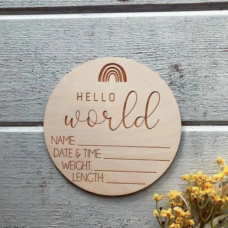 Wooden Newborn Birth Keepsake Plaque – Hello World Sign & Hospital Bracelet Holder for Baby Photos - Babytopia32