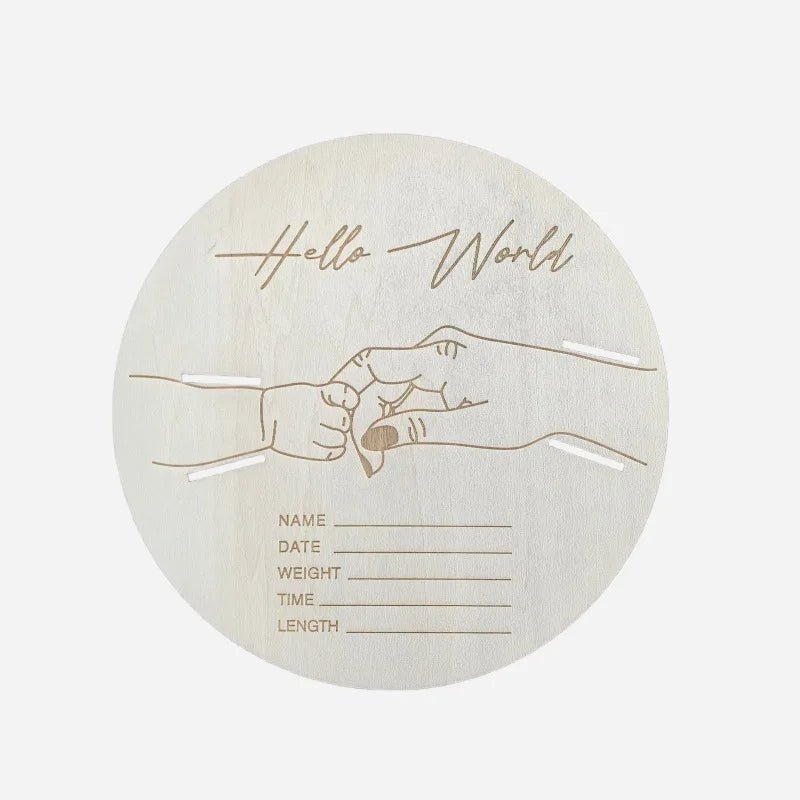 Wooden Newborn Birth Keepsake Plaque – Hello World Sign & Hospital Bracelet Holder for Baby Photos - Babytopia32