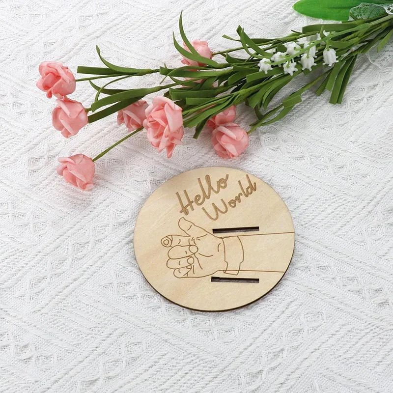 Wooden Newborn Birth Keepsake Plaque – Hello World Sign & Hospital Bracelet Holder for Baby Photos - Babytopia32