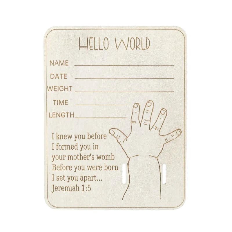 Wooden Newborn Birth Keepsake Plaque – Hello World Sign & Hospital Bracelet Holder for Baby Photos - Babytopia32