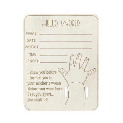 Wooden Newborn Birth Keepsake Plaque – Hello World Sign & Hospital Bracelet Holder for Baby Photos - Babytopia32